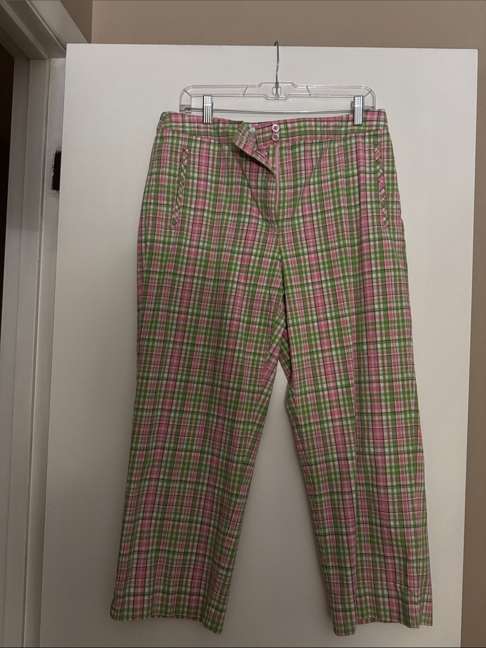 Women's Pink & Green Plaid Straight-Leg Pants